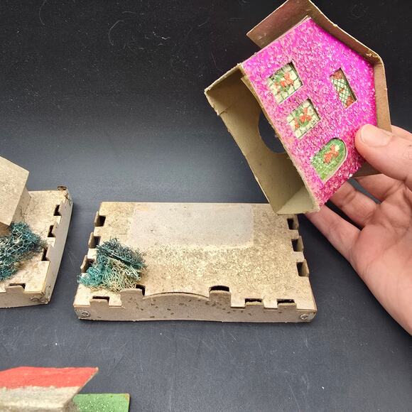 Vintage Paper Putz Houses Set of 5 Glitter Mica Christmas Village - Picture 5 of 12